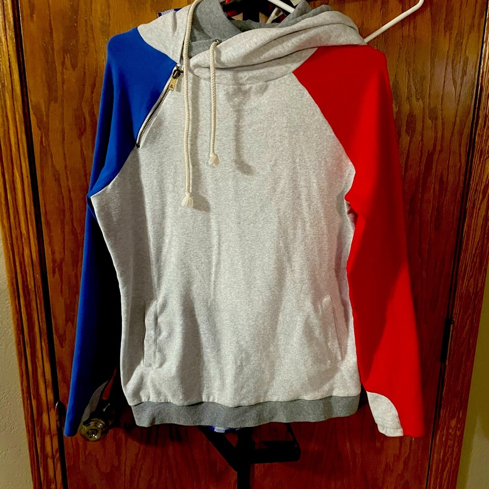 Ampersand Red, “white” and blue. with grey hood. Double Hoodie